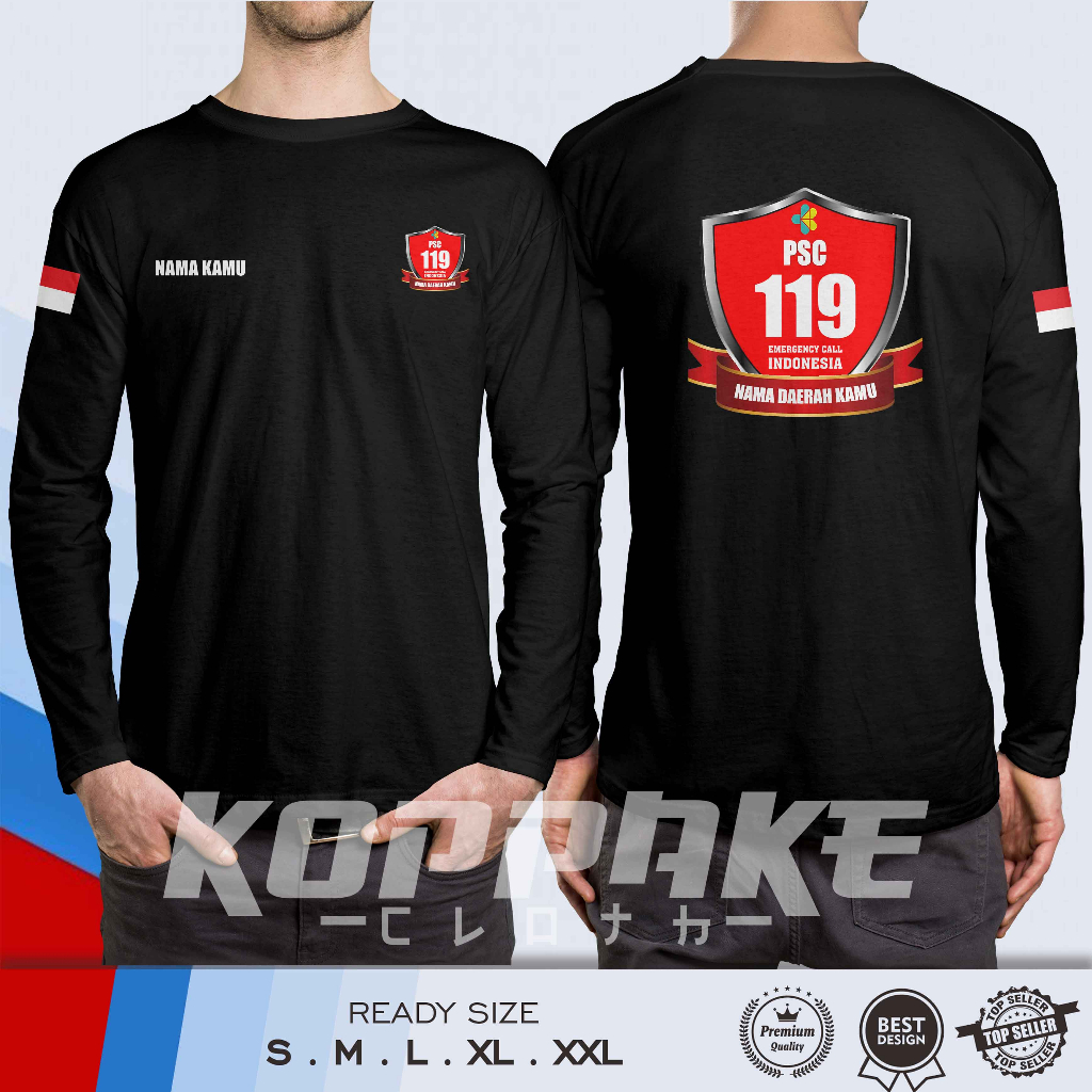 Kaos PSC 119 Public Safety Center Kedaruratan Medis Gratis Nama Kamu dan Daerah Kamu Lengan Panjang 