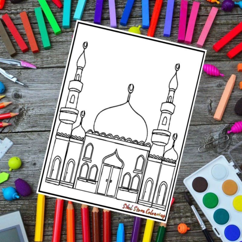 Kertas Mewarnai Gambar Anak 1 Pack isi 10 Lembar Gambar Tema Masjid