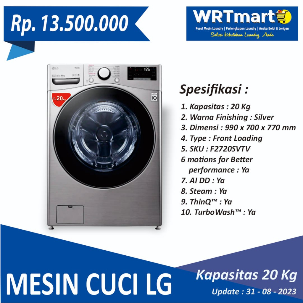 MESIN CUCI LG 20 KG / MESIN CUCI FRONT LOADING / WASHER LG 20 KG / MESIN CUCI LAUNDRY UNTUK BADCOVER