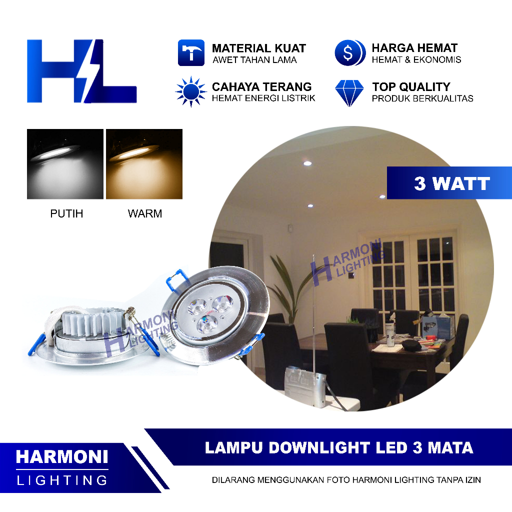 Downlight Spotlight LED 3W - Lampu Sorot Plafon 3 Mata Warna Putih atau Warm White
