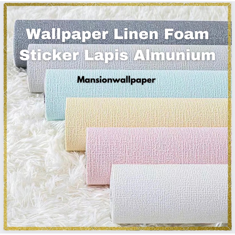 Wallpaper Linen Foam Sticker DIY Bertekstur Polos Putih Pink Biru Hijau Kuning