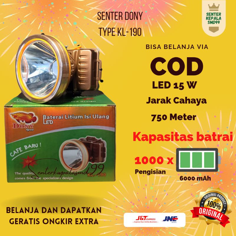 Senter Kepala Dony KL-190 KL 190 15W 15Watt Original Headlamp Led Putih Kuning