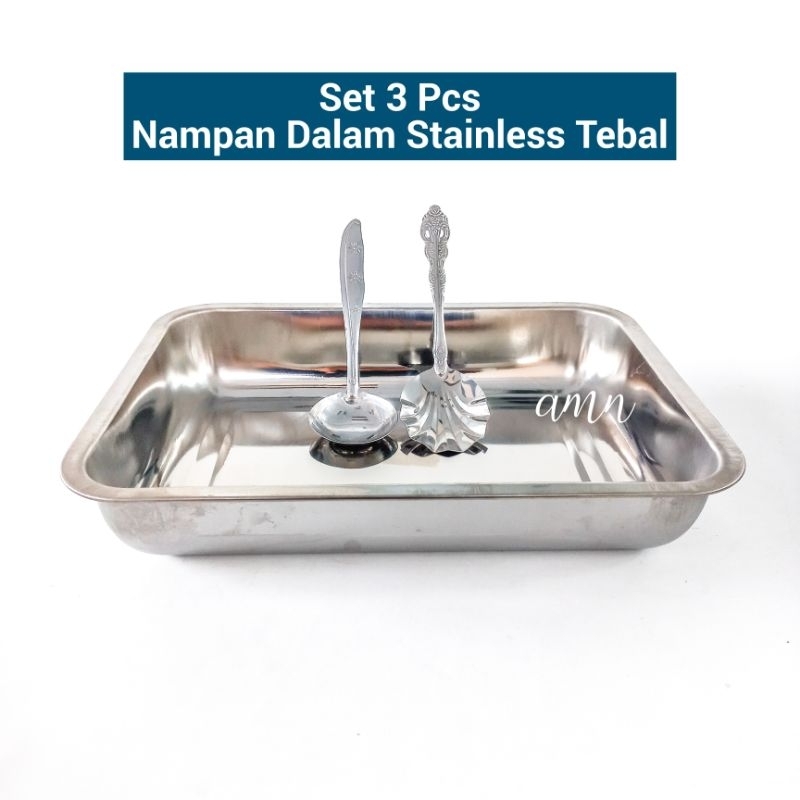 3 pcs Nampan Dalam Stainless Set dengan Irus Sendok Sayur prasmanan / Baki Stainless / Nampan Stainl