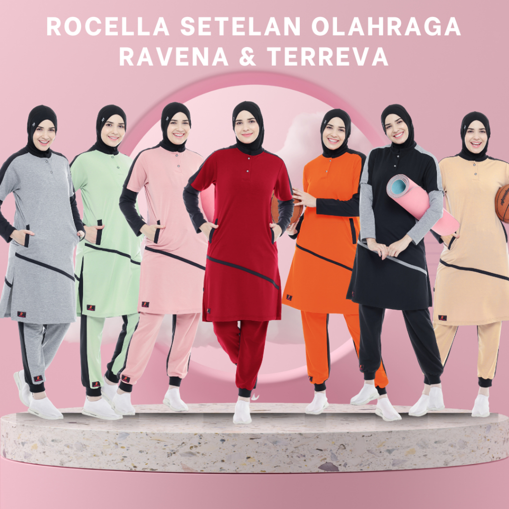 Rocella Setelan Olahraga Muslimah, Baju Olahraga, Celana Training