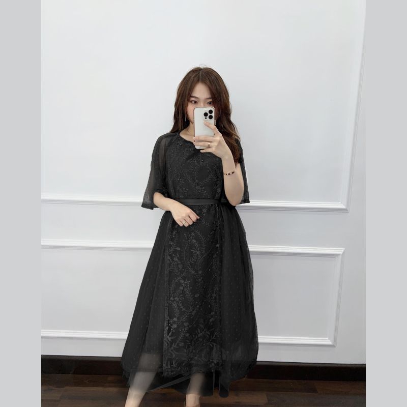 Dress Lorenza Dress outer tile dot Kombi brukat tile import Dress Casual Wanita / Long Dress / Dress