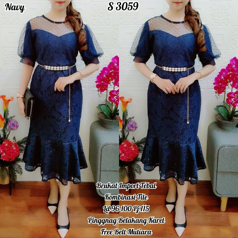 3059 Dress Brukat Duyung Tile Super Canti warna Navy Polos