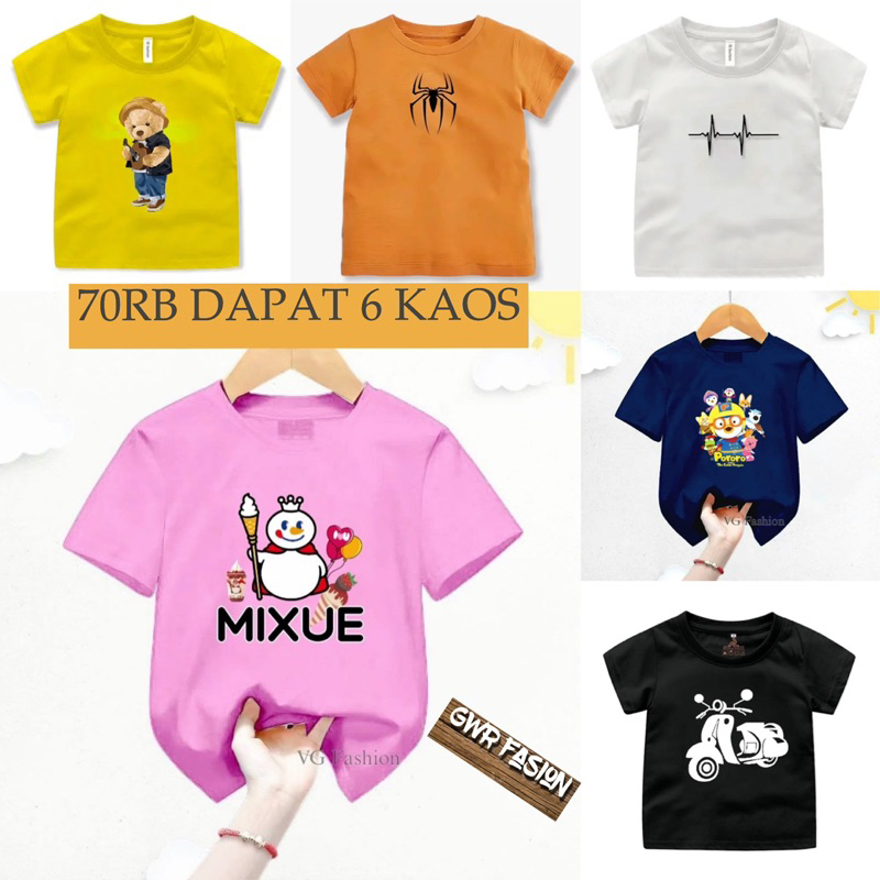 Promo Kaos Anak Murah Isi 6 Kaos Anak 70RB Kaos Anak-Anak Unisex Usia 1-16Thn Pria Dan Wanita Remaja