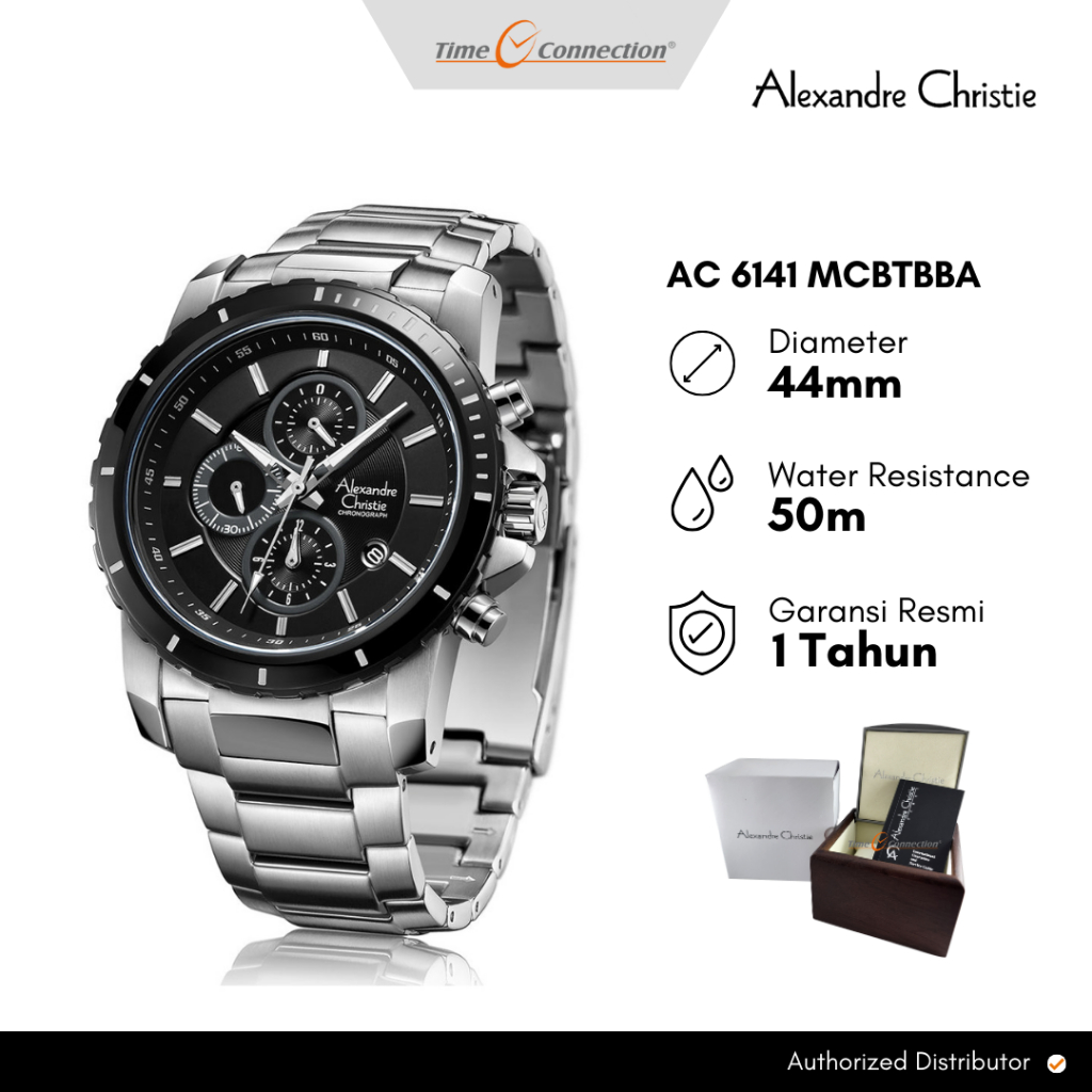 Alexandre Christie AC 6141 MCBTBBA Silver Hitam Original / Jam Tangan Pria Analog Rantai Stainless S