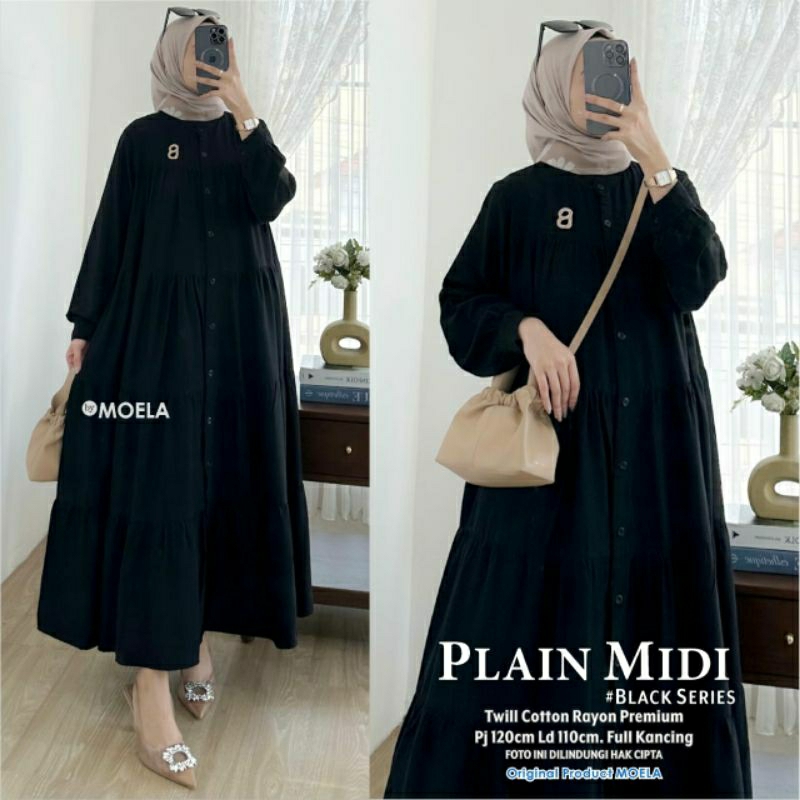 PLAIN MIDI DRESS RAYON POLOS DRESS BUSUI KANCING DEPAN BERLABEL MOELA