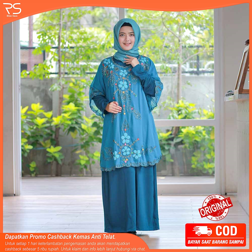 Gamis Salwa Motif Bunga Warna Biru Modis Premium