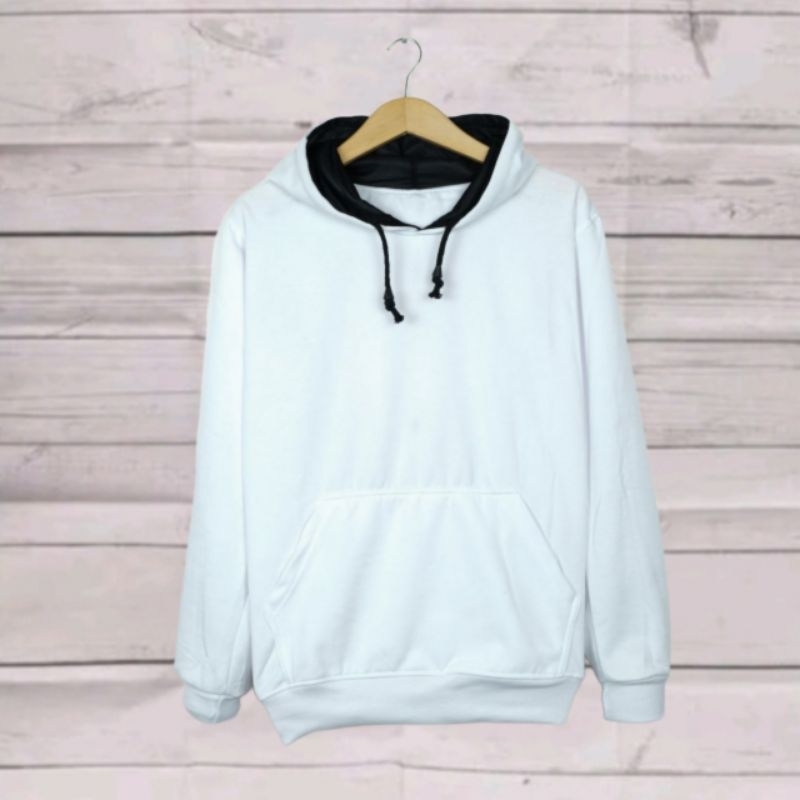 Hoodie Polos Warna Putih Bahan Fleece Cotton Gramasi 280