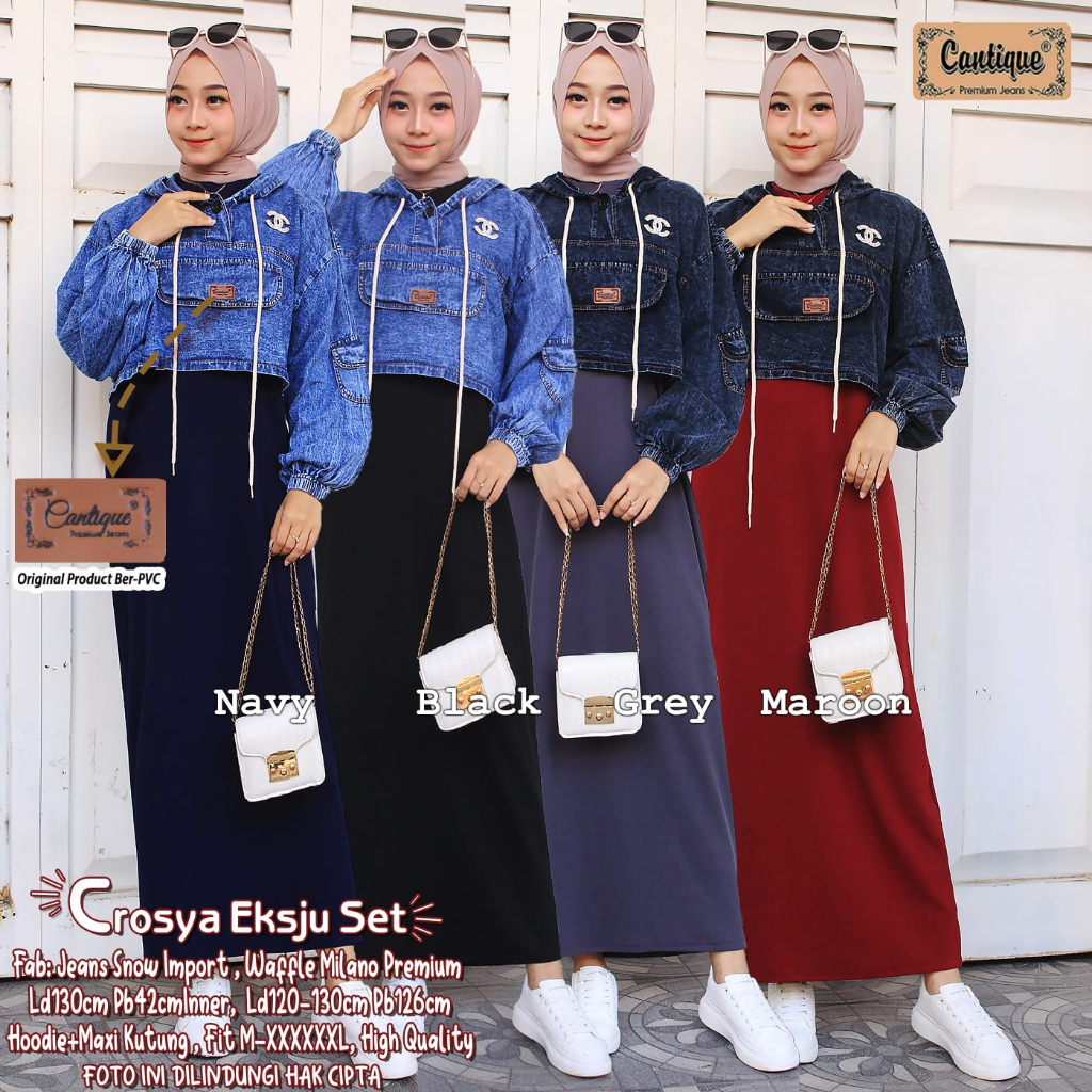 CROSYA SET DRESS DAN OUTER JEANS SETELAN BAJU WANITA DRESS SPAN DAN OUTER DENIM SET ROK CASUAL SET G