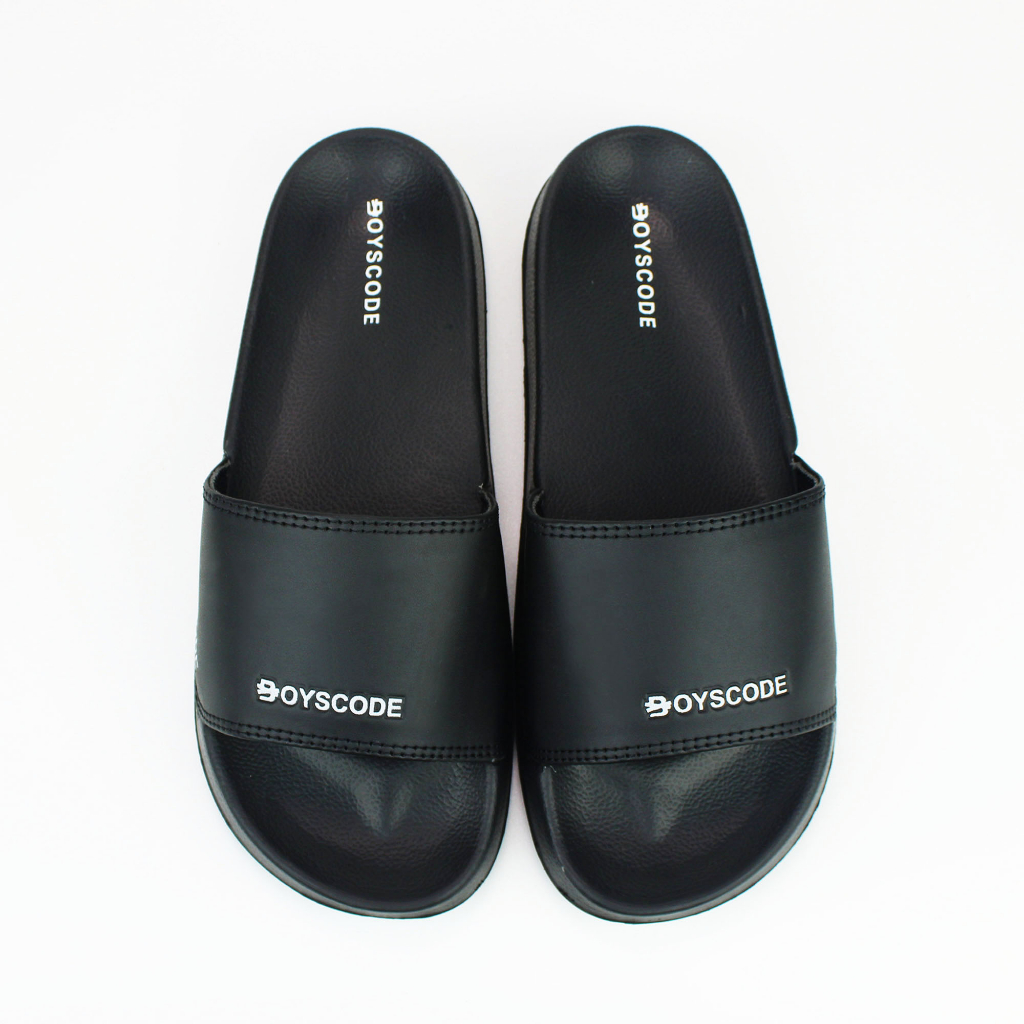 Sendal Selop Karet Distro Pria Wanita BOYSCODE Mid Logo Emboss Hitam / Slip On Pria / Slop Pria / Slide Pria