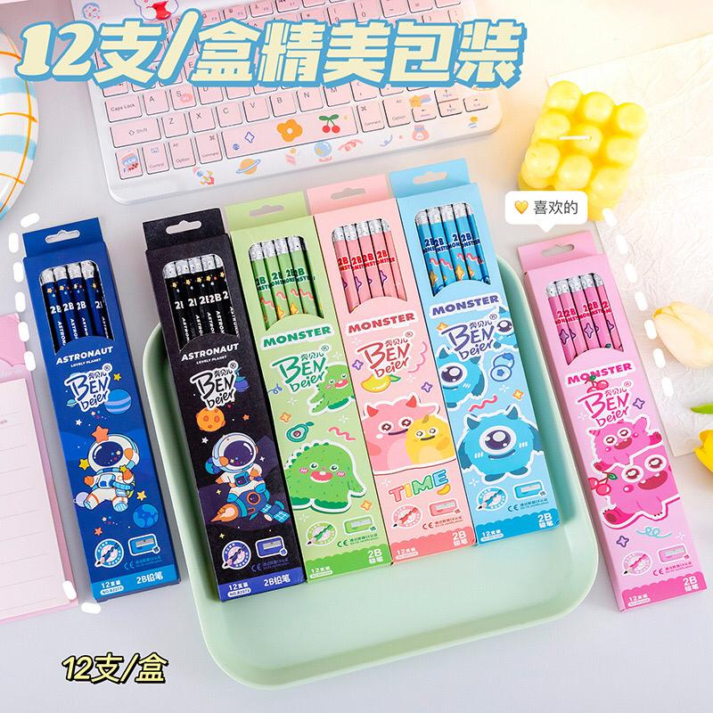 

12 PCS / KOTAK FREE RAUTAN Pensil Kayu 2B + Penghapus Karakter Kartun Monster Astronout #ST061 / Pensil 2B Fancy Isi Banyak