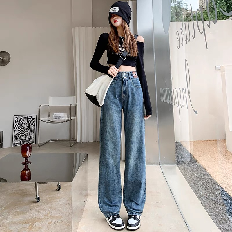 S-XLCelana Jeans Pinggang Tinggi Lurus Celana Wanita Double Breasted Slim Jeans Wanita Korean Style 