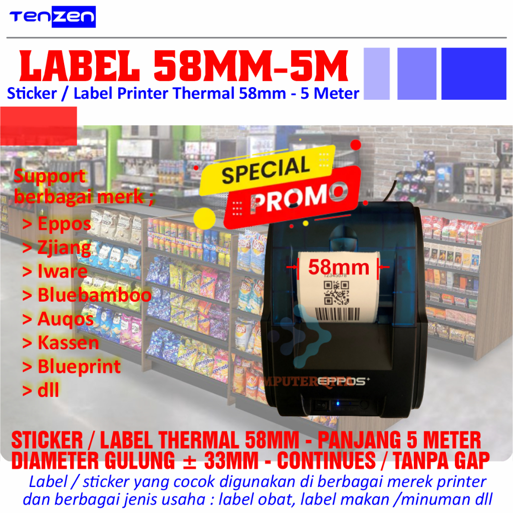 

Sticker Label Thermal 58mm x 33mm 5 meter Continues / Tanpa Gap