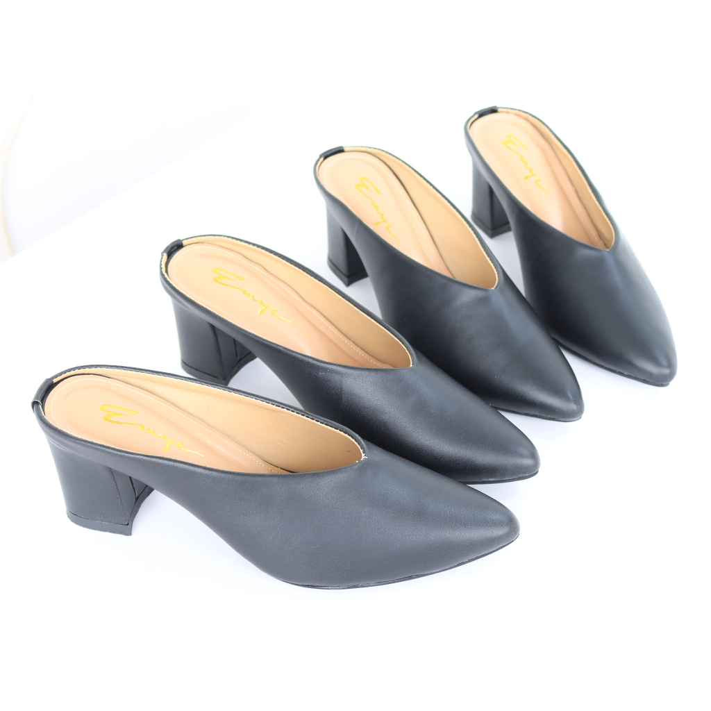 Emye - Sepatu Pantofel Wanita Bustong 7cm Kulit Sintetis Hitam