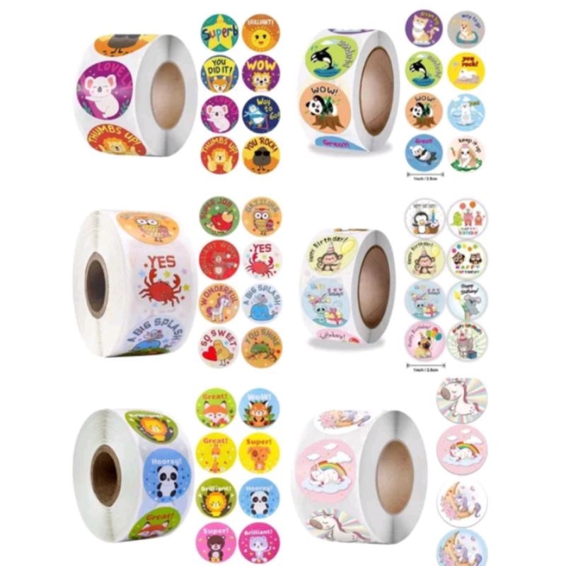 

MS Stiker Bulat Roll Kartun Animal Label Reward Anak Isi 500 Pcs