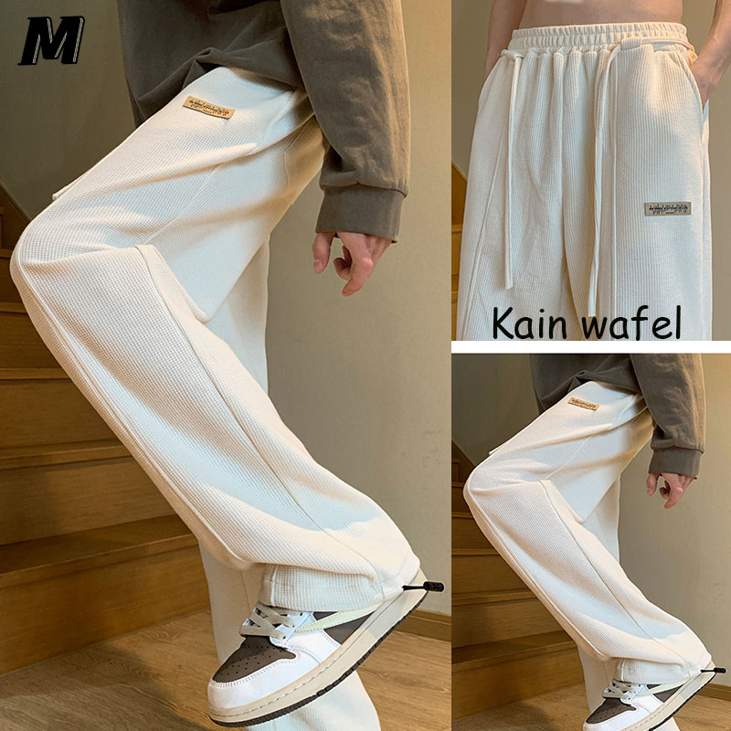 Celana Panjang Polos Pria gaya korea celana putih celana Kain Wafel Celana kasual pria korea Celana 