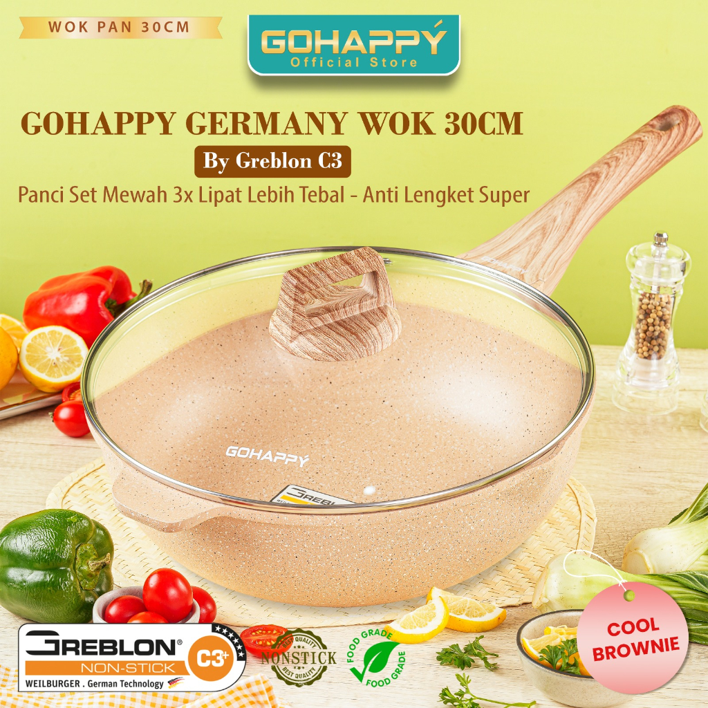 GOHAPPY GERMANY  PANCI Wok Pan 30cm + Tutup (Cool Brownie Color) Wajan Besar Anti Lengket From Jerma