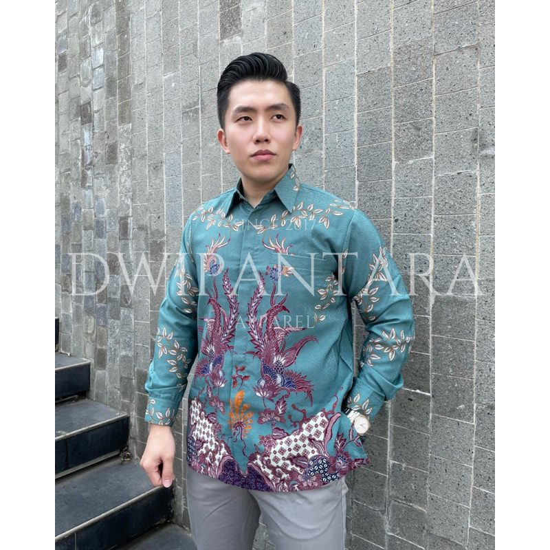 Batik Subang Series Biru Tosca, Batik Pria Premium, Lengan Panjang, Dobby Furing