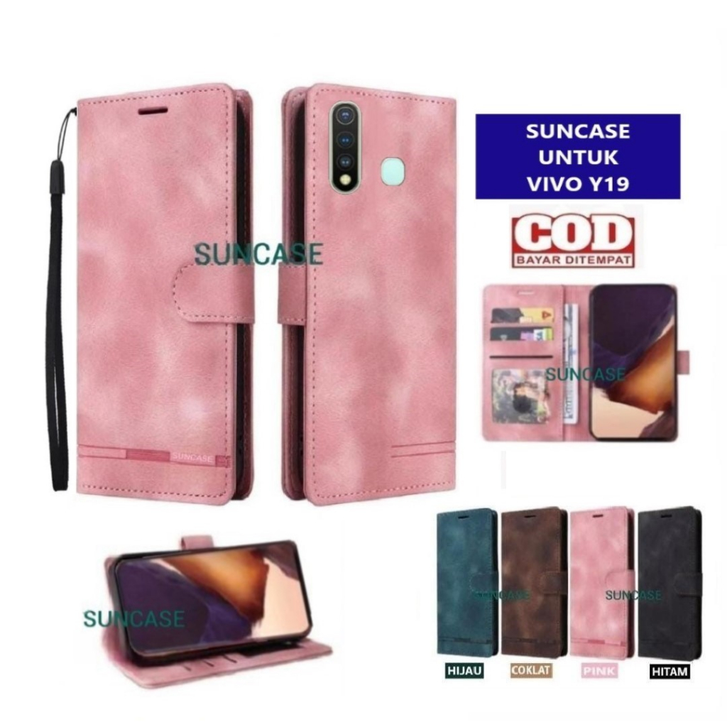 Casing VIVO Y19 model flip buka tutup case kulit ada tempat foto dan kartu juga tali hp flip cover