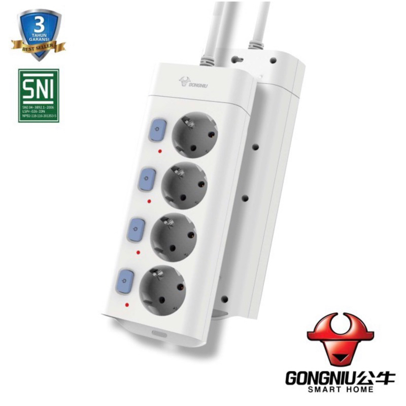 STOP KONTAK GONGNIU GONEO 4 LUBANG + KABEL 3M  MULTISWITCH KUNINGAN SNI