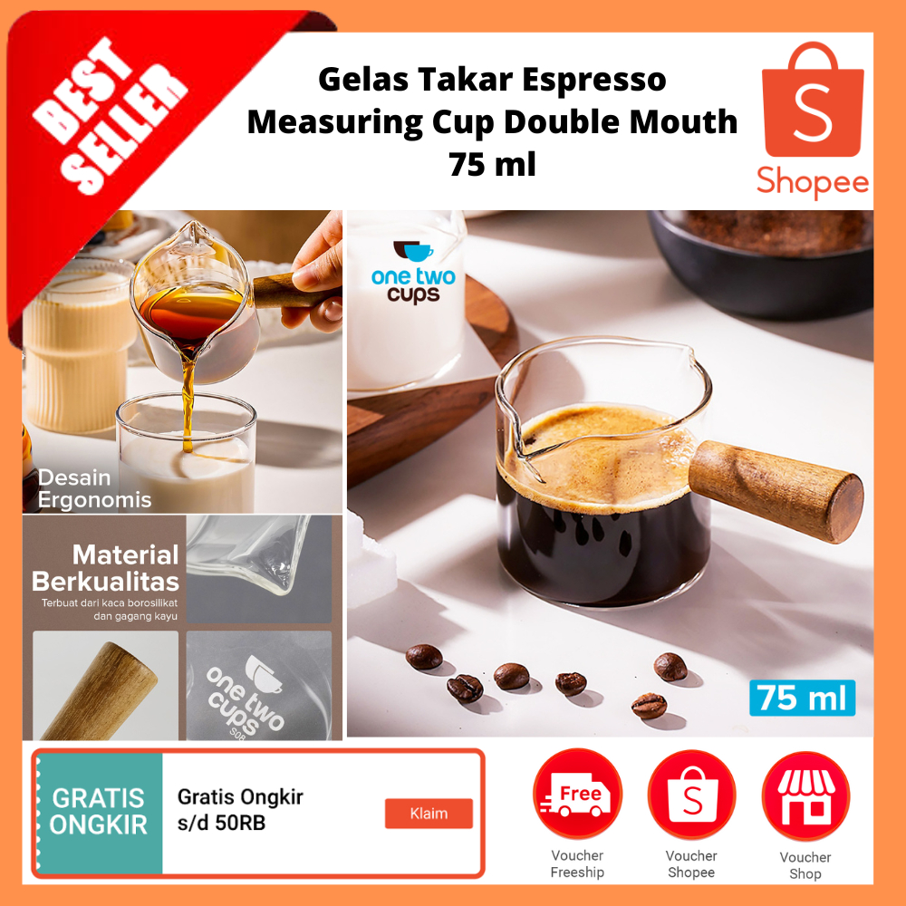Gelas Takar Espresso Measuring Cup Double Mouth 75 ml / Gelas ukur kopi kaca dengan pegangan kayu Ca
