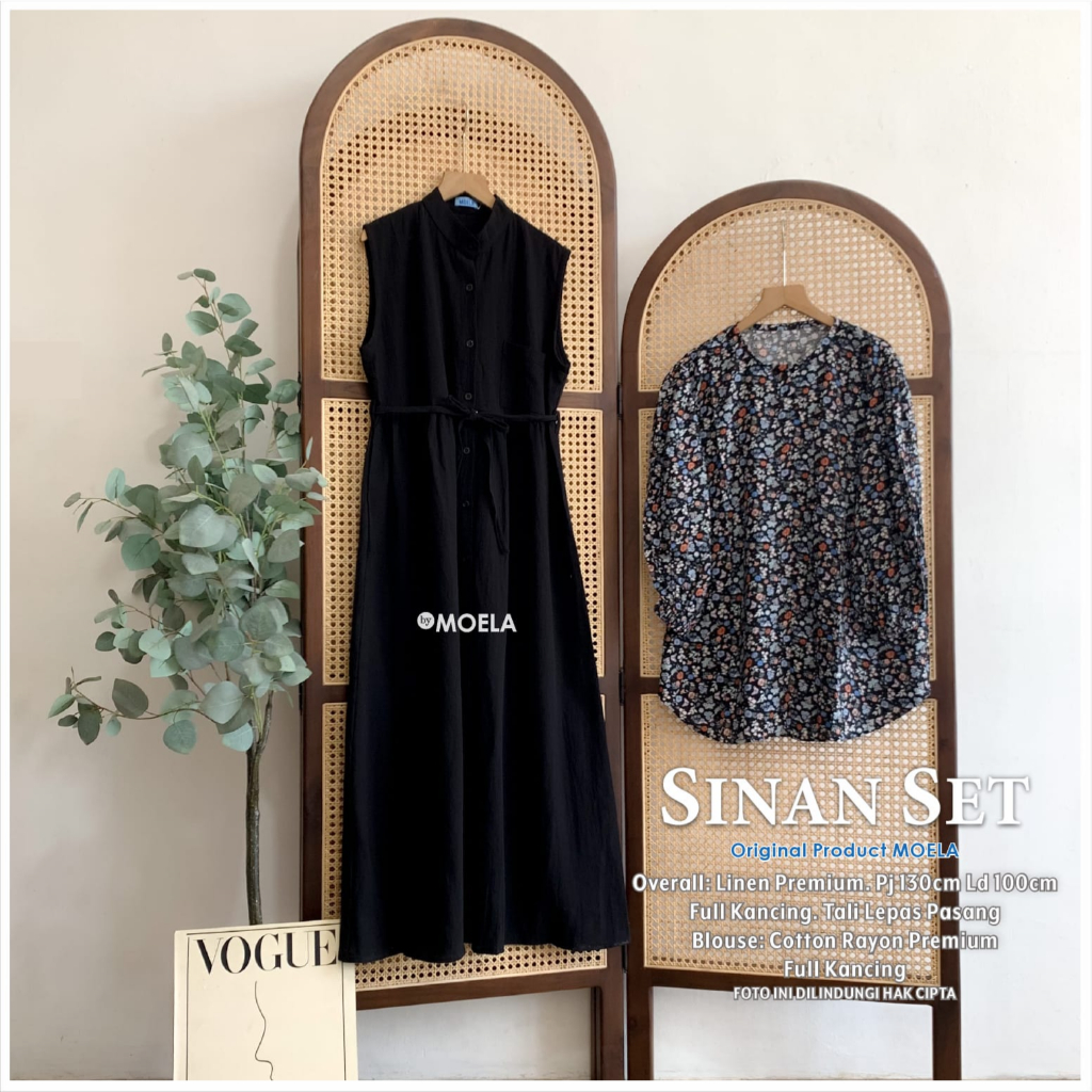 SINAN SET BLOUSE MOTIF BUNGA DAN OVERALL POLOS ONESET DRESS MAT CRINKLE PREMIUM LD 100CM ALLSIZE FIT