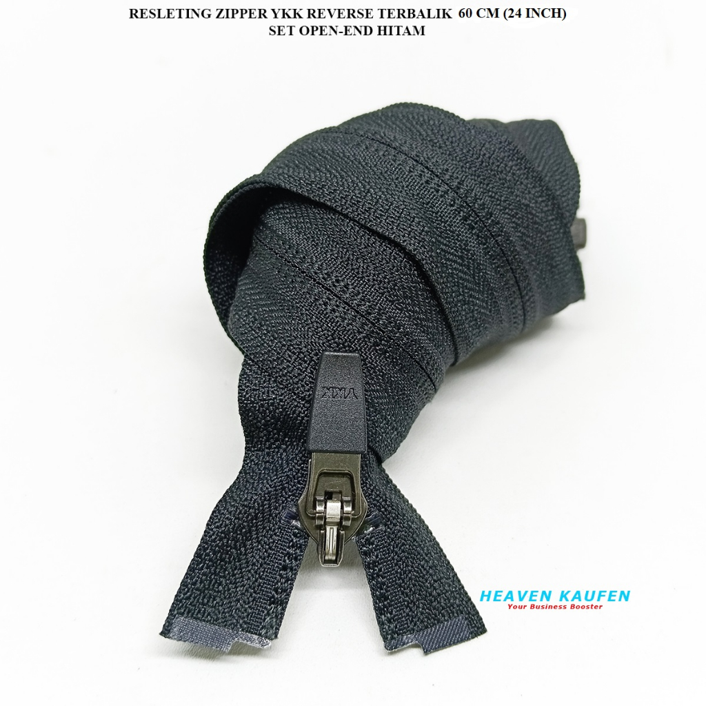 Resleting Zipper Ritsleting Reverse Terbalik YKK 60 cm Atau 24 inch Hitam Model Set Open - End Buka 