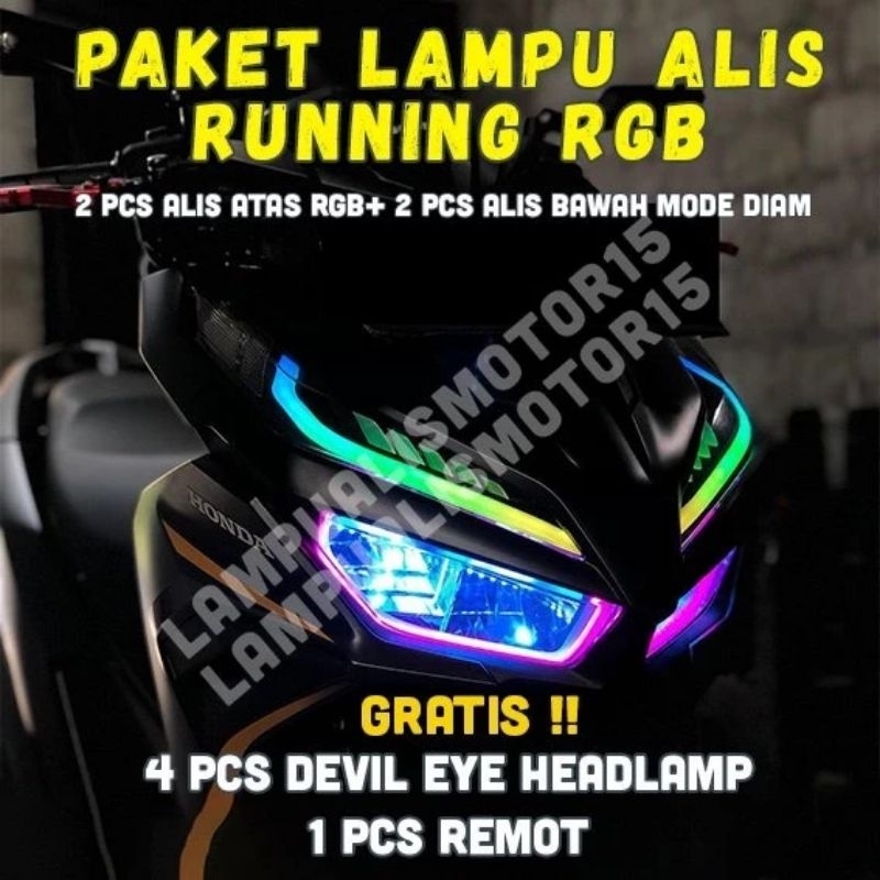 PAKET LAMPU ALIS RGB SEIN RUNNING VARIO NEW 2018 BONUS DEVIL EYE / LAMPU ALIS DRL VARIO 125 150 SEIN