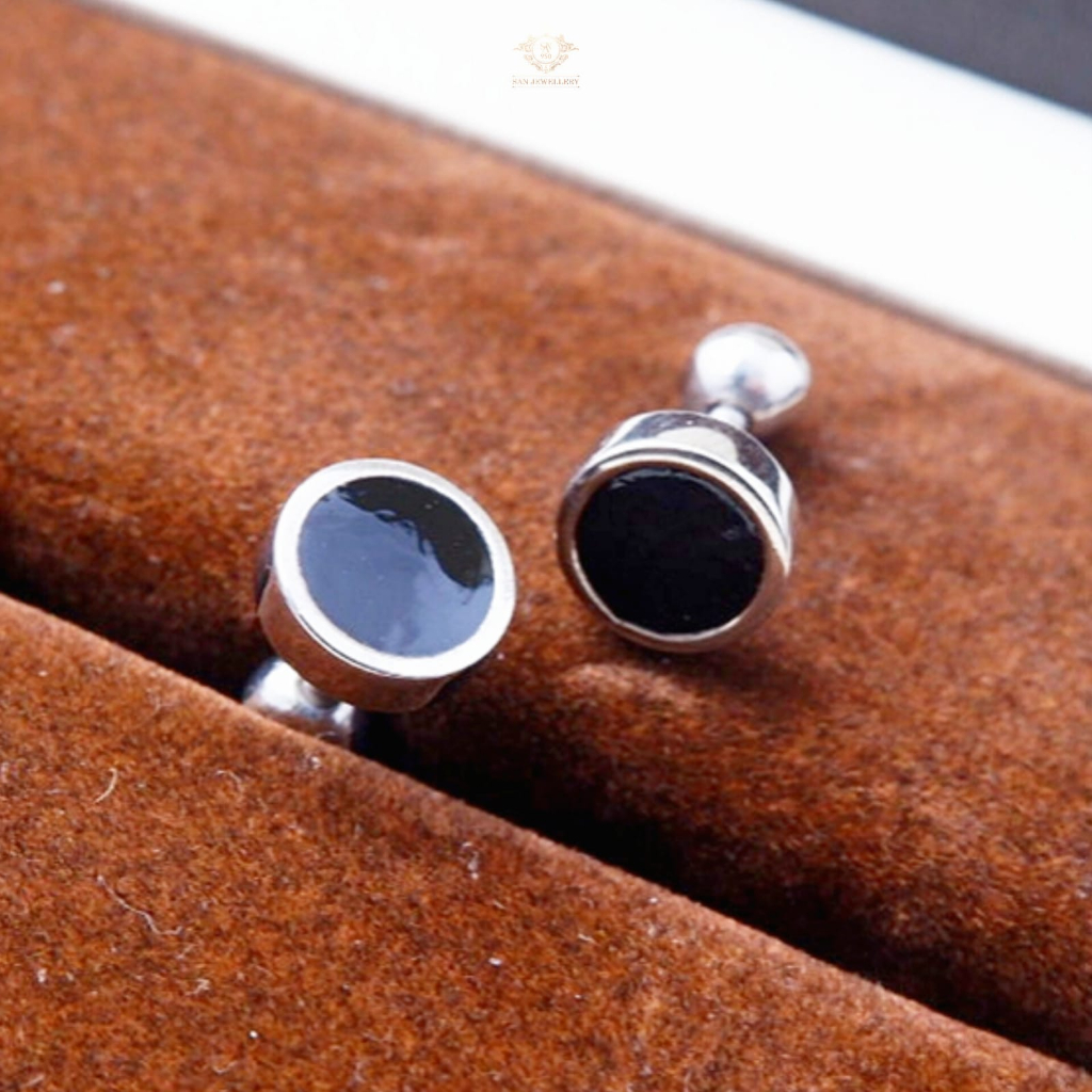 Anting perak enamel hitam satu set wanita pria 195