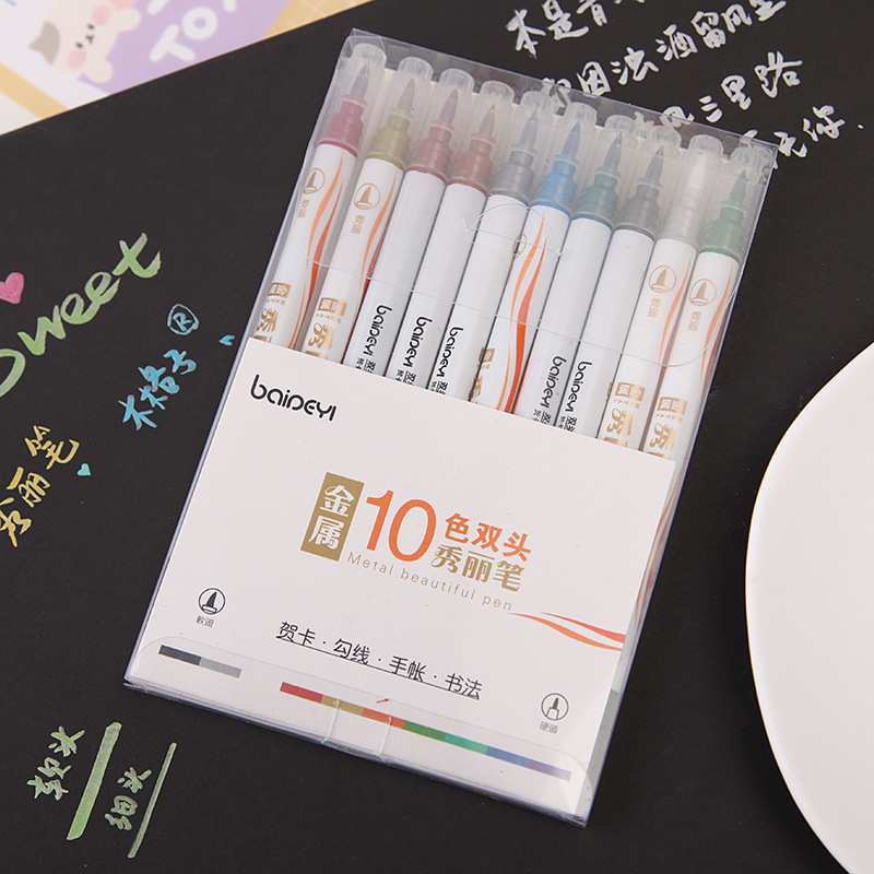 

(1 BOX 10 PCS) Metalik Pen Double Tip 10 in 1 #ST030 / Metal Marker Spidol Metalik / Pulpen Dekor Kaligrafi / Pena Pelajar Dekorasi Seni Melukis