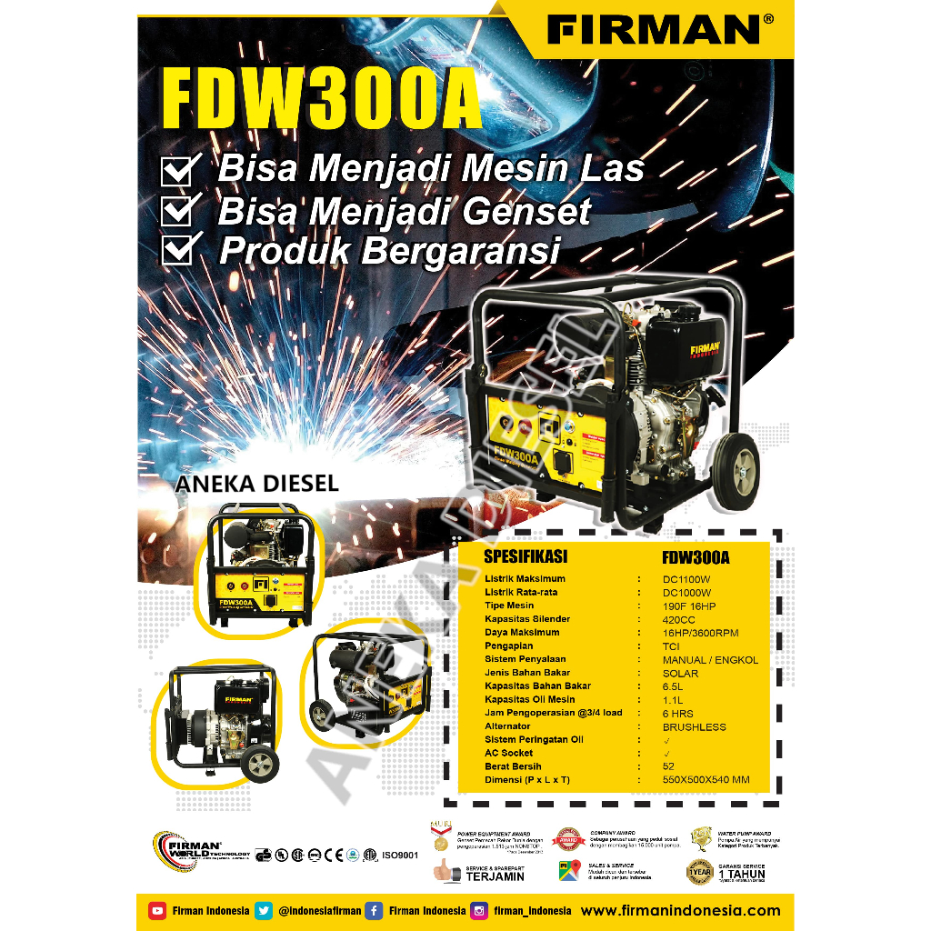 Genset LAS FIRMAN FDW 300A / Power Generator / Generator Welding FDW 300A - Power Generator Bensin F