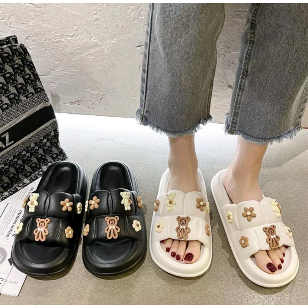 Sandal Selop Wanita Bear Premium Jelly Import Korean Style Bahan Karet Karakter Beruang Sol Tebal An
