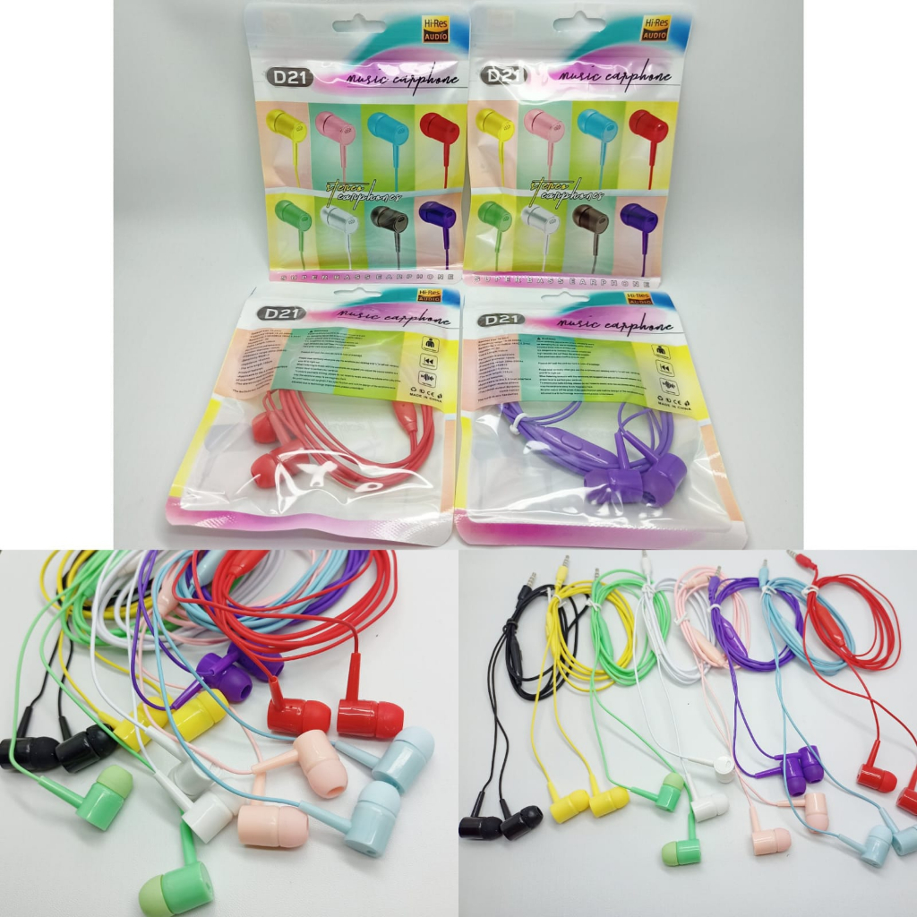 HF / Earphone / Headset D21 Warna Macaron Packing Klip Plastik Import