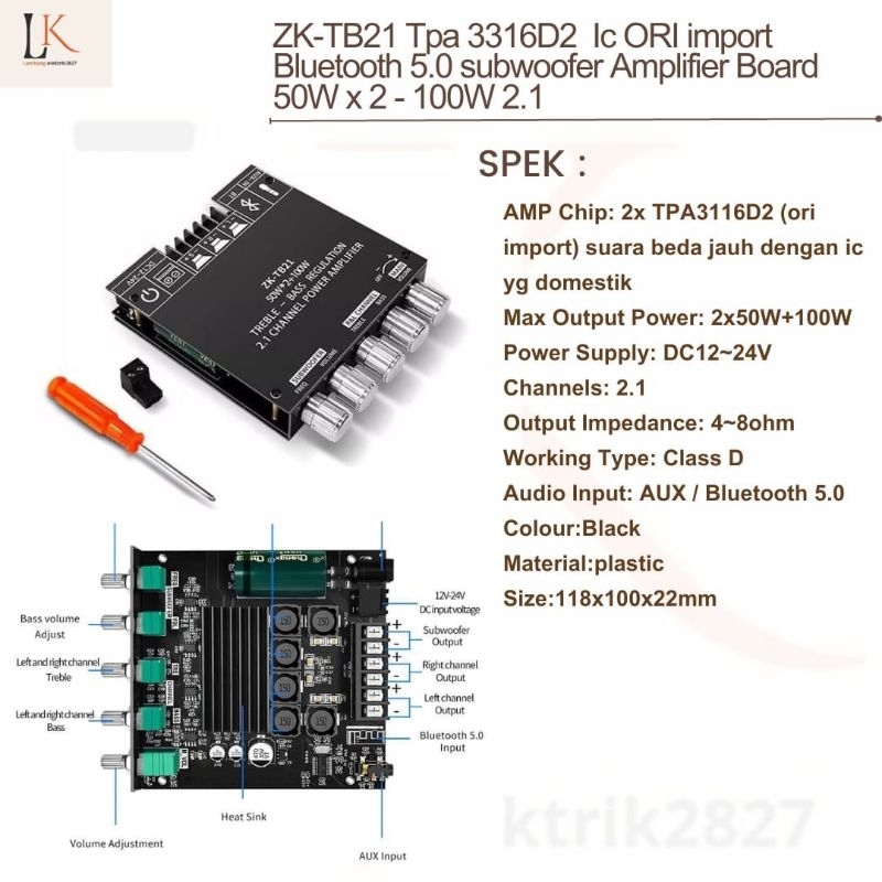 ZK-TB21 Tpa 3316D2  Ic ORI import Bluetooth 5.0 subwoofer Amplifier Board 50W x 2 - 100W 2.1