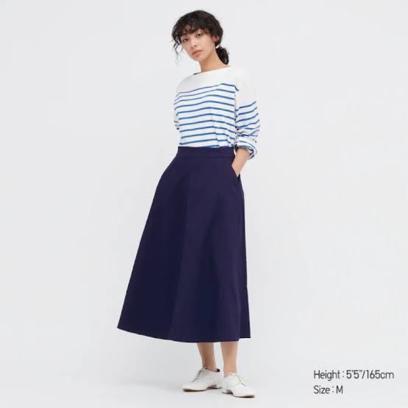 Uniqlo Women Circular Skirt Cotton Blended Strech - Uniqlo Circular Katun Blend Navy
