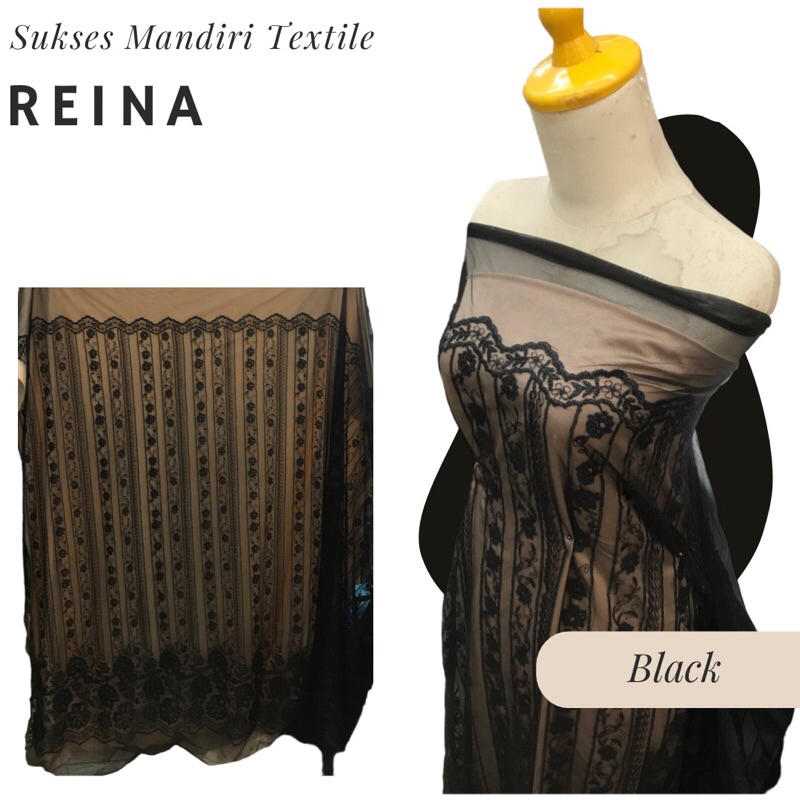 [REINA] Brokat Lace Motif Lurus Kurus Warna Hitam, Harga per 1/2 meter = 50 cm BAHAN KAIN BRUKAT TIL