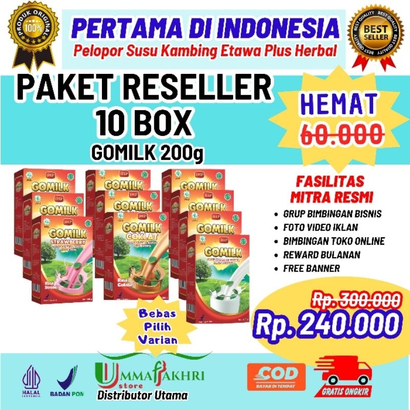 

PAKET RESELER GOMILK Susu Kambing Etawa Plus Herbal Diskon 20% BELI > 10 BOX