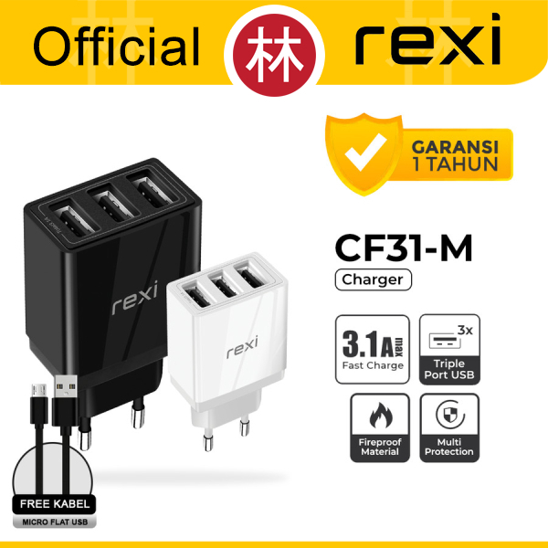 Rexi CF31-Mx / CF31-Cx Charger 3 Port USB Fast Charge 3.1A with Cable New Rexi CF31