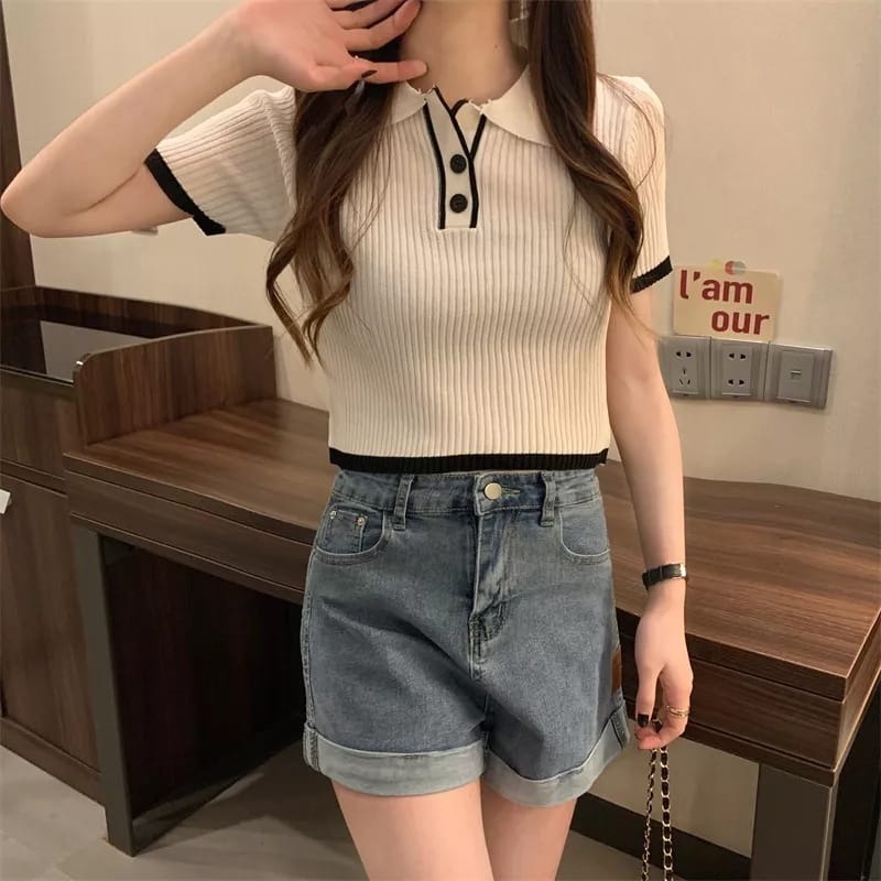 Tshirt Kerah Polo Crop Top Rajutan Harajuku Pakaian Crop Wanita T-shirt Putih Solid Lengan Pendek Shirring Wanita Blus Hitam Perempuan