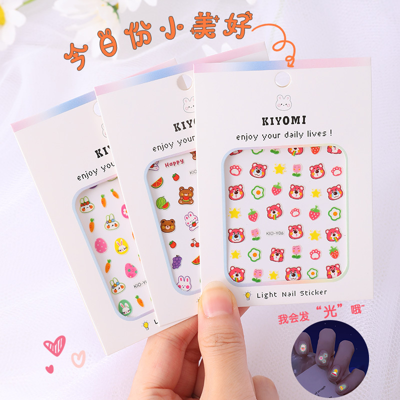 Stiker Kuku Mini Glow in the dark Nail Art Aksesories Kuku Glow In The Dark Nyala dalam gelap motif kartun lucu rabbit-dino-pony-bear-sticker kuku animal cute light nail stiker kiyomi