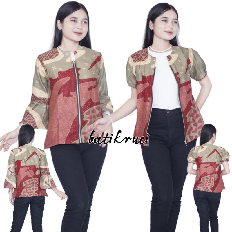 BLOUSE BATIK WANITA model sleting depan ada size dari S sampe 5L.