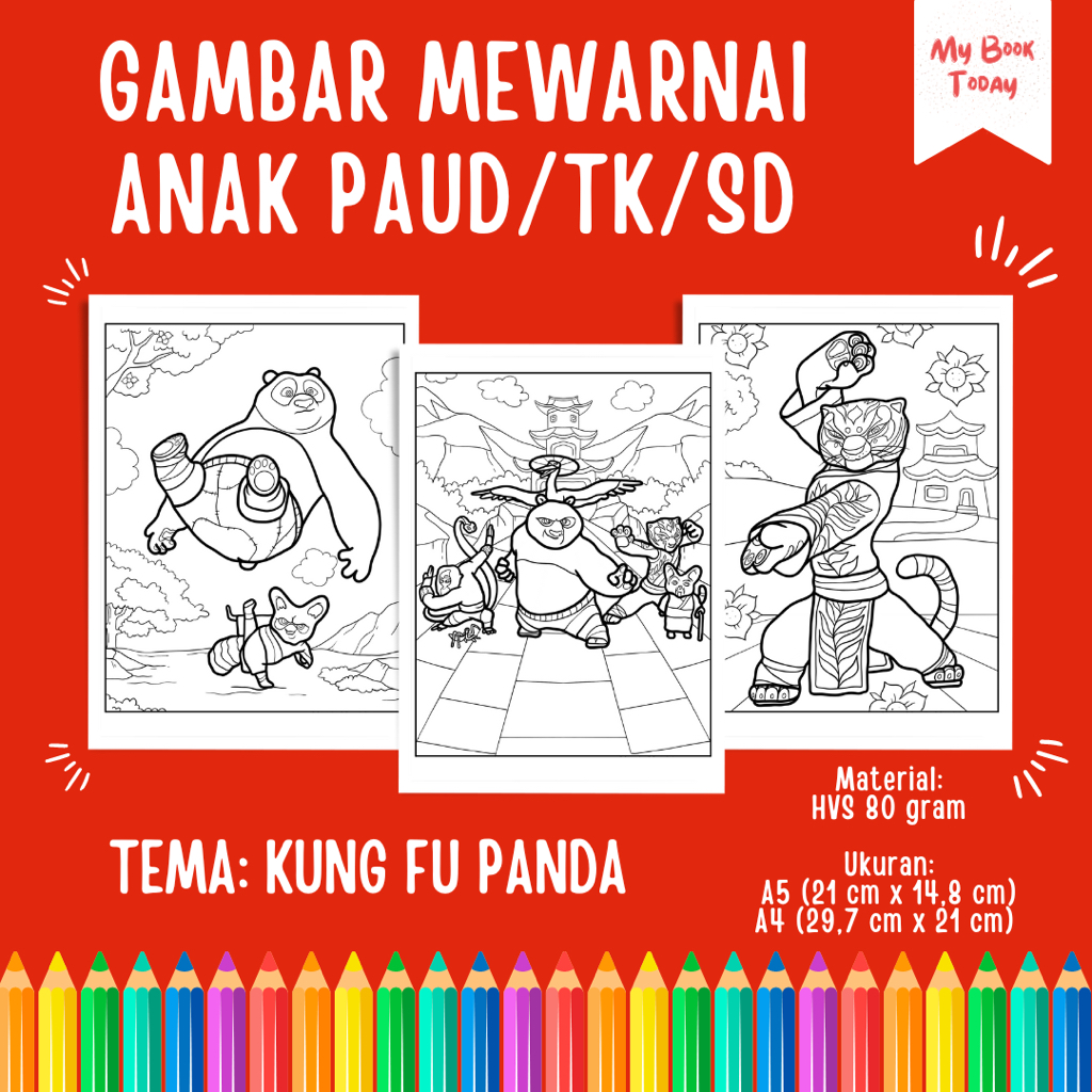 

[My Book Today] Lembar Kertas Sketsa Gambar Mewarnai untuk Anak Sekolah PAUD TK SD Tema Kung Fu Panda