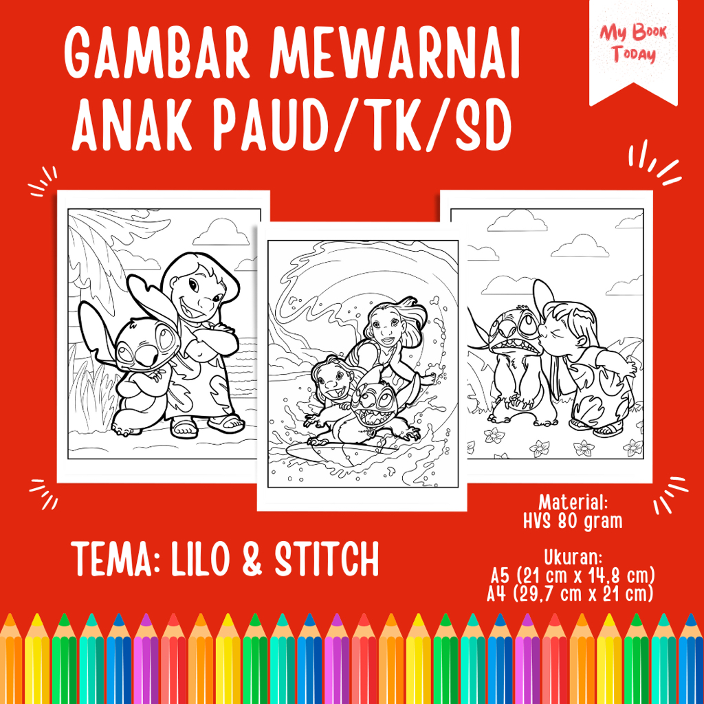 

[My Book Today] Lembar Kertas Sketsa Gambar Mewarnai untuk Anak Sekolah PAUD TK SD Tema Lilo & Stitch