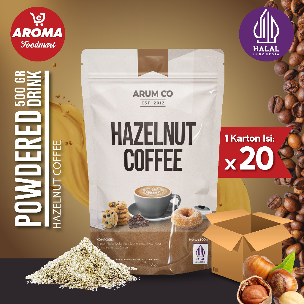 

1 Karton Arum Co Bubuk Hazelnut Coffee Powder 500gr Kopi Hazelnut