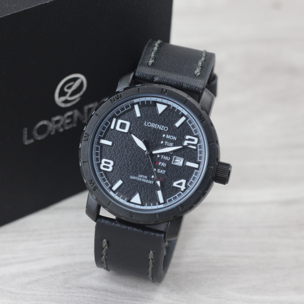 Jam tangan Lorenzo 1018M tanggal hari aktif tali kulit analog original pria