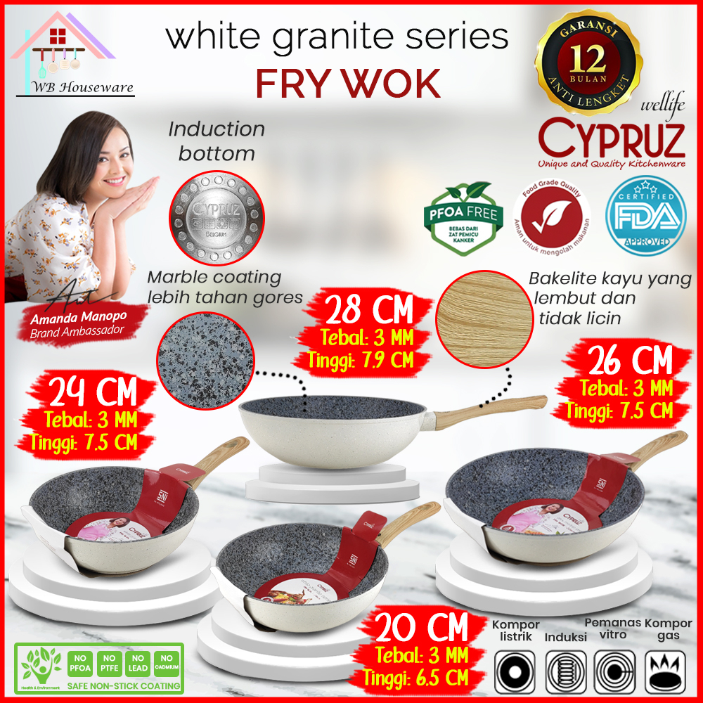CYPRUZ Panci Fry wok 20/24/26/28cm white granite anti lengket / wajan masak listrik induksi / kuali 