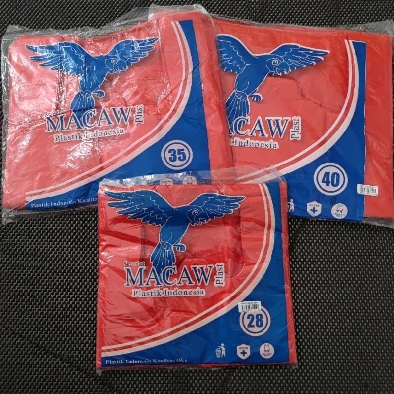 Kantong kresek asoy merah Macaw ukuran 28,35 dan 40
